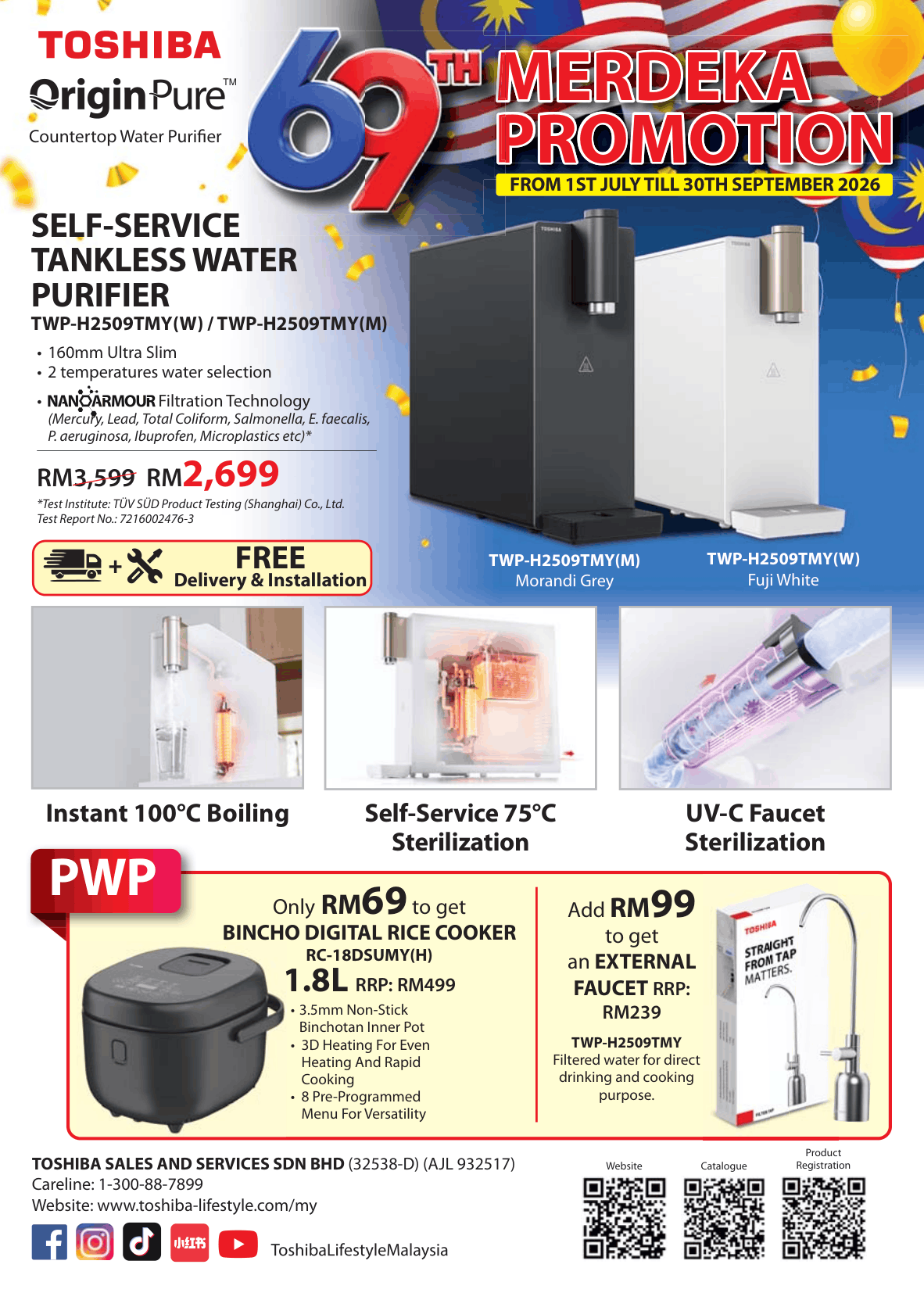 Toshiba 69th Merdeka Promotion — TWP-H2509TMY self-service tankless water purifier at RM2,699 (was RM3,599) with free delivery and installation, valid 1 July to 30 September 2026